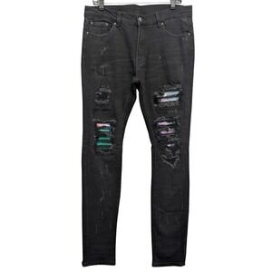 MNML Distressed Skinny Jeans Women 33 Black Multi Color Striped Underlay Ripped